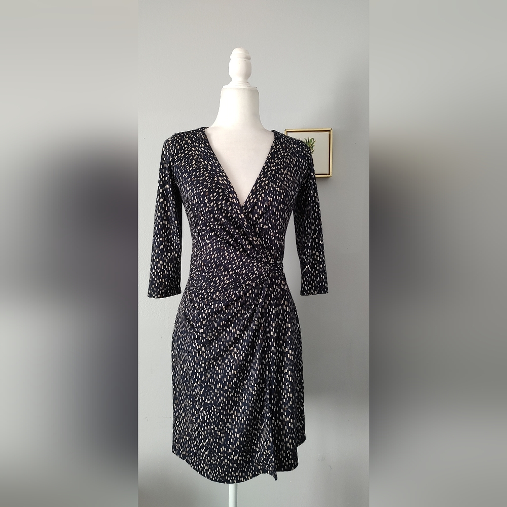 Dress Ann Taylor Style Wrap 3/4 Sleeves Size SP Petite Navy Blue And Brown